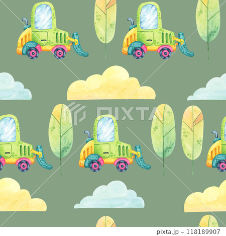 Green truck with trees, and blue and yellow clouds on a muted olive background. Seamless pattern watercolor clipart. Perfect for use in custom fabric designs, nursery decor, or educational materials 118189907