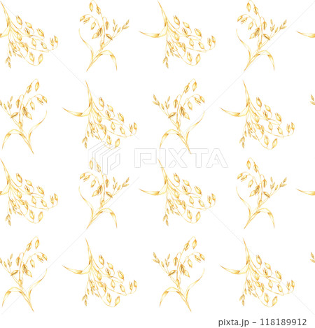 Oats stalks seamless pattern. Golden oats bouquets. Avena sativa watercolor clipart. Illustration for for autumn-themed textiles, rustic wallpaper, eco-friendly product packaging 118189912