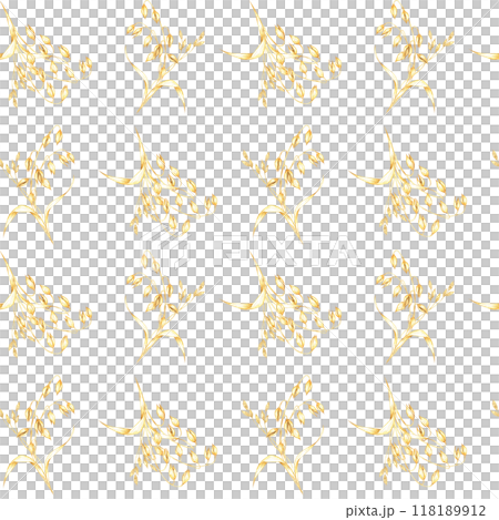 Oats stalks seamless pattern. Golden oats bouquets. Avena sativa watercolor clipart. Illustration for for autumn-themed textiles, rustic wallpaper, eco-friendly product packaging 118189912