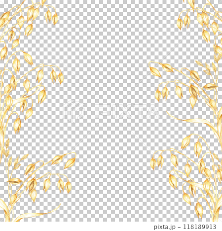 Oat stems and dry herbs square frame with multiple golden-yellow grains and dry leaves. Watercolor clipart design for healthy food branding, eco-friendly packaging, or natural wellness products 118189913