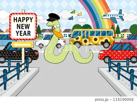 巳年イラスト年賀状デザイン「道路交通蛇と自動車バス飛行機」HAPPY NEW YEAR 巳年イラスト年賀状デザイン「道路交通蛇と自動車バス飛行機」HAPPY NEW YEAR 118190008