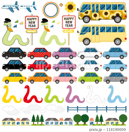 巳年イラスト年賀状デザイン素材「道路交通蛇と自動車バス飛行機」HAPPY NEW YEAR 118190009