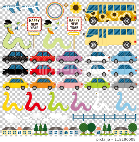巳年イラスト年賀状デザイン素材「道路交通蛇と自動車バス飛行機」HAPPY NEW YEAR 118190009