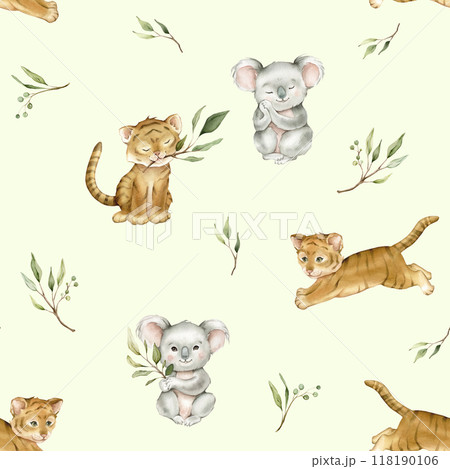 Seamless pattern with green eucalyptus leaves and cute tiger and koala. Watercolor isolated illustration on light green background. Cartoon kids print with animals minimalist scandinavian style. Seamless pattern with green eucalyptus leaves and cute tiger and koala. Watercolor isolated illustration on light green background. Cartoon kids print with animals minimalist scandinavian style. 118190106