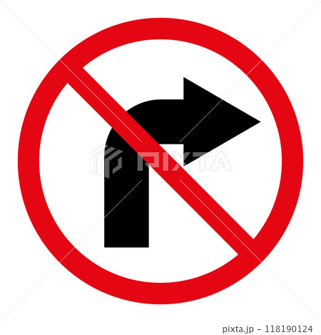 No right turn sign symbol, prohibitory traffic sign, red crossed out circle symbol with arrow pointing to the right 118190124