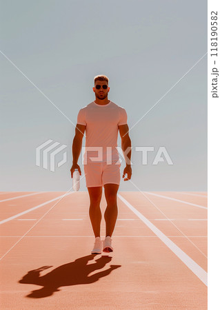 A man is walking on a track with a bottle of water in his hand 118190582