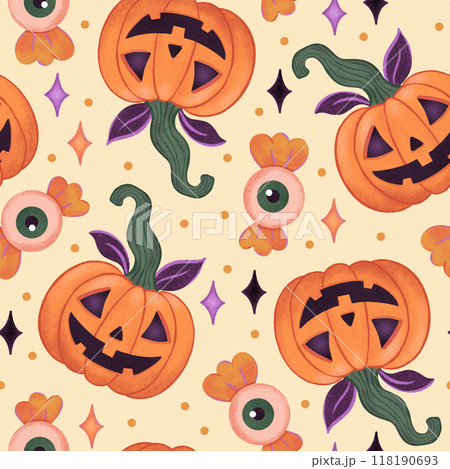 Halloween pumpkins seamless pattern. Funny orange pumpkins. Candy eyeball. Light background 118190693