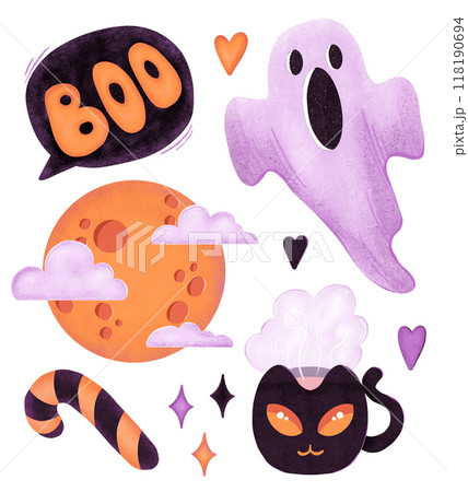 Halloween set with cute design elements. Children collection. ghost, moon, cup, candy, boo 118190694