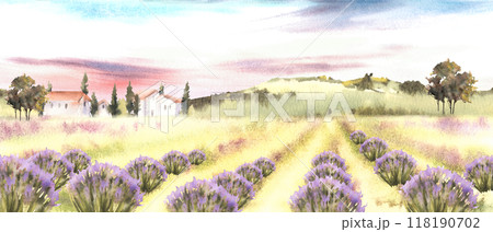 Lavender fields in bloom. Landscape with old houses, trees, cypresses. Hills with cloudy sunset sky. Watercolor country Provence. Isolated Illustration for card, poster. Original hand drawn background 118190702