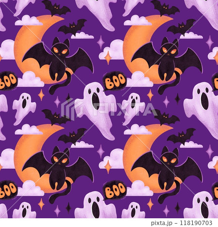 Halloween holiday seamless pattern with black cat, bat, ghosts and half moon on purple back 118190703