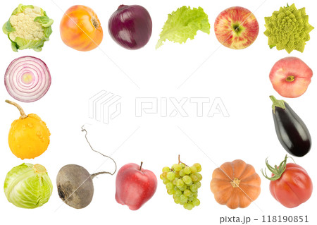 Fresh and healthy vegetables and fruits in the form of frame isolated on white 118190851