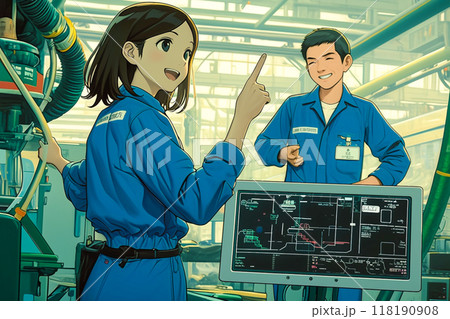 工場で生産状況を確認するエンジニア男女_精密イラスト4 118190908