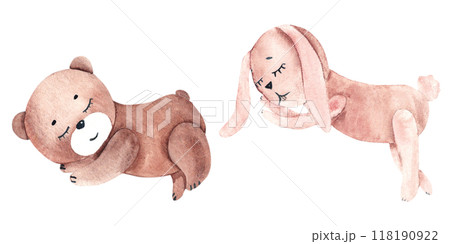 Cute Children's plush Toys. Teddy Bear and pink Bunny, Rabbit. Watercolor illustration in vintage style isolated on white background. Design Element for kids cards and posters. 118190922