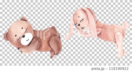 Cute Children's plush Toys. Teddy Bear and pink Bunny, Rabbit. Watercolor illustration in vintage style isolated on white background. Design Element for kids cards and posters. 118190922