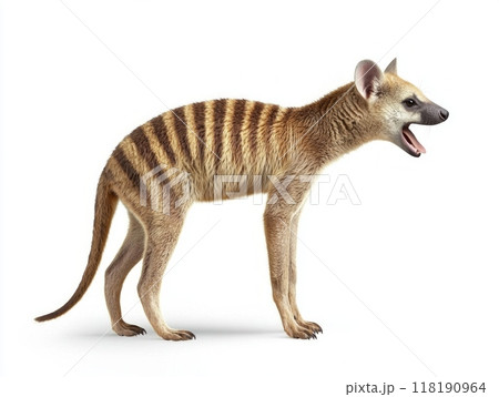 captivating creature stands tall, revealing its signature stripes as it opens its mouth in a natural pose. The thylacine, a fascinating part of wildlife history, intrigues the viewer. 118190964