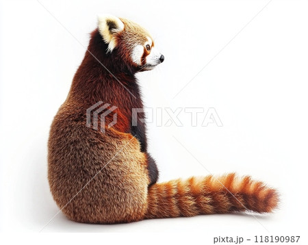 playful red panda sits peacefully, its vibrant fur glowing. With its bushy tail wrapped snugly around, it gazes away, embodying tranquility and curiosity in a serene space. 118190987