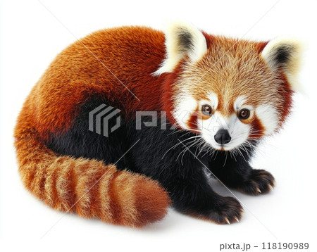 charming red panda sits quietly, its bushy tail enveloping its body, showcasing its vibrant fur against a clean white backdrop. The tranquility radiates through the composition. 118190989