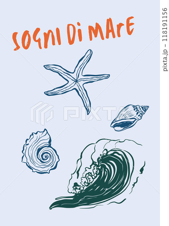 Vector linear wave, shell and starfish poster. Hand-drawn vintage poster with handwritten font and sea wave isolated on blue background. For design, print, interior or background. Vector linear wave, shell and starfish poster. Hand-drawn vintage poster with handwritten font and sea wave isolated on blue background. For design, print, interior or background. 118191156