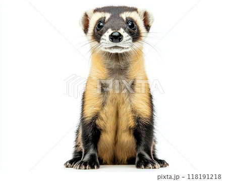curious black-footed ferret stands on its hind legs, displaying its iconic masked face with an inquisitive expression, perfectly isolated against a pristine white background. curious black-footed ferret stands on its hind legs, displaying its iconic masked face with an inquisitive expression, perfectly isolated against a pristine white background. 118191218