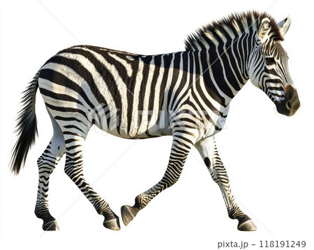 majestic zebra moves smoothly, its distinctive black and white stripes contrasting beautifully with the plain backdrop, embodying elegance in motion. 118191249