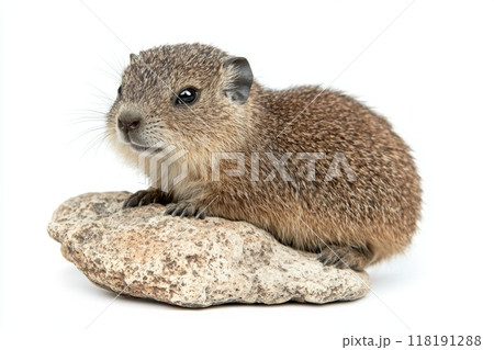curious rock hyrax rests comfortably on a stone, its round body and short legs reflecting a moment of tranquility, highlighting its unique charm. 118191288