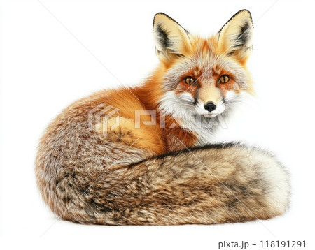 elegant red fox curls its bushy tail around its legs, displaying a calm demeanor while isolated against a bright white background, showcasing its striking colors and features. elegant red fox curls its bushy tail around its legs, displaying a calm demeanor while isolated against a bright white background, showcasing its striking colors and features. 118191291