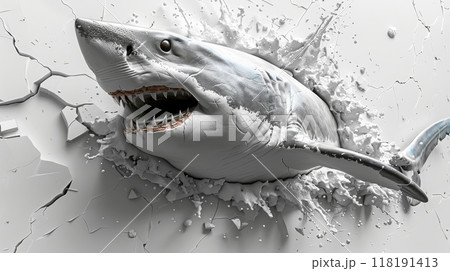 Shark breaking through a wall. 118191413