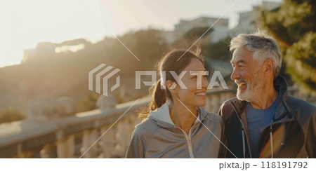 Smiling Elderly Man and Young Woman Outdoors. Happy elderly man and young woman smiling while enjoying a sunny day outdoors, showcasing intergenerational connection and joy. Banner with copy space 118191792