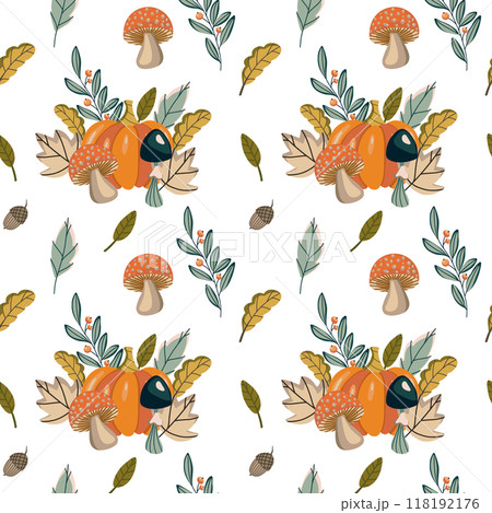 Seamless vector autumn pattern featuring pumpkins, mushrooms, leaves, acorns, and berries. Ideal for fall-themed textiles, wallpapers, and seasonal packaging designs with warm and earthy tones. Seamless vector autumn pattern featuring pumpkins, mushrooms, leaves, acorns, and berries. Ideal for fall-themed textiles, wallpapers, and seasonal packaging designs with warm and earthy tones. 118192176
