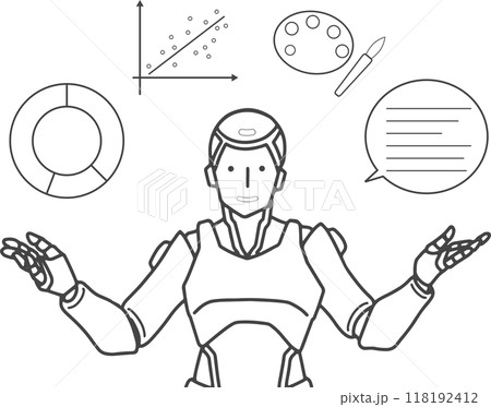 グラフやイラストを並べ説明するAIのイラスト(線画) グラフやイラストを並べ説明するAIのイラスト(線画) 118192412