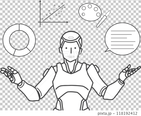 グラフやイラストを並べ説明するAIのイラスト(線画) グラフやイラストを並べ説明するAIのイラスト(線画) 118192412