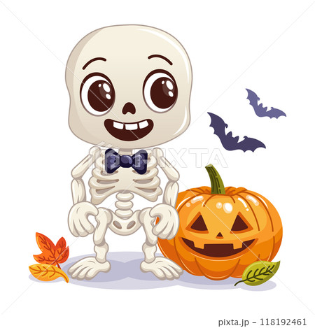 Cute cartoon skeleton with a carved pumpkin and colorful autumn leaves. Fun and playful Halloween vector illustration Cute cartoon skeleton with a carved pumpkin and colorful autumn leaves. Fun and playful Halloween vector illustration 118192461