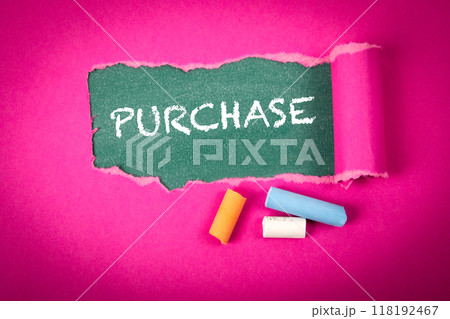 Purchase. Text under torn purple paper on a green chalkboard Purchase. Text under torn purple paper on a green chalkboard 118192467