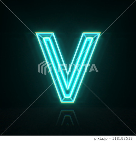 Cyan blue neon wire font Letter V 3D Cyan blue neon wire font Letter V 3D 118192515
