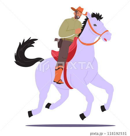 Cartoon Cowboy Riding A Horse With A Dynamic Pose. Male Character Displays A Classic Western Style Cartoon Cowboy Riding A Horse With A Dynamic Pose. Male Character Displays A Classic Western Style 118192531