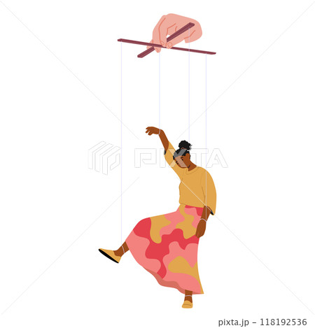 Cartoon Female Character Manipulated By A Puppeteer Hand. Vector Illustration Shows Control And Influence Over People 118192536