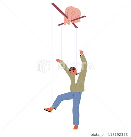 Cartoon Puppeteer Hand Controlling A Person On Strings Isolated On White Background. Concept Represents Manipulation 118192538