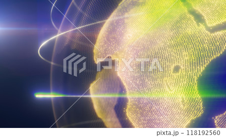 A digital representation of green Earth with glowing lines encircling the planet, highlighting global connectivity and technology A digital representation of green Earth with glowing lines encircling the planet, highlighting global connectivity and technology 118192560