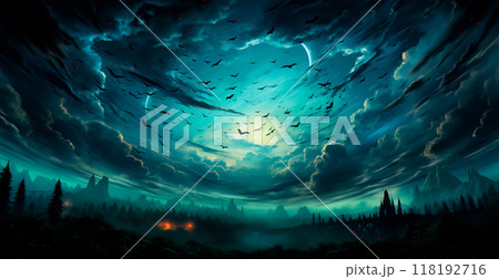 Many bats flying in the dark night, festive night of the dead, halloween - AI generated image 118192716