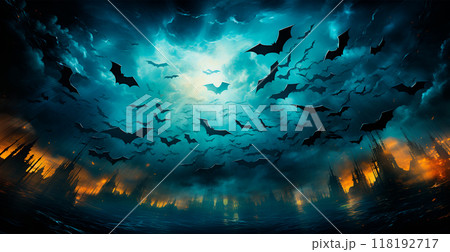Many bats flying in the dark night, festive night of the dead, halloween - AI generated image 118192717