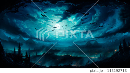 Many bats flying in the dark night, festive night of the dead, halloween - AI generated image 118192718
