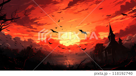 Many bats flying at bright red sunset, festive night of the dead, halloween - AI generated image 118192740