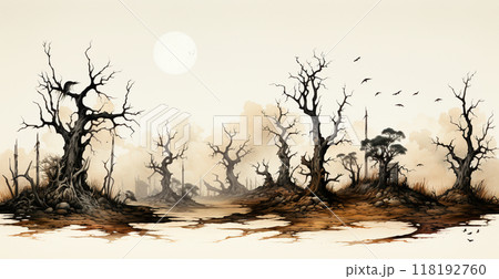 Gloomy misty forest, crooked scary trees - AI generated image 118192760