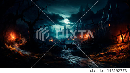 Creepy night in dark medieval castle, scary atmosphere for Halloween holiday background concept - AI generated image 118192778
