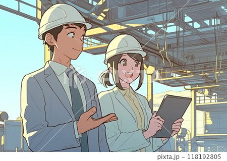 建設現場に立ち会う設計士の男女_精密イラスト2 118192805