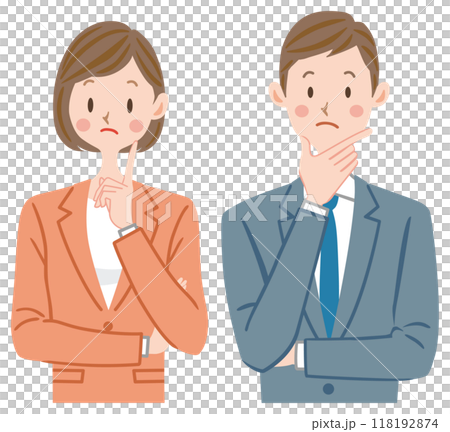 Illustration of a man and woman in a suit thinking, doubt, employee, employment, working adult, business Illustration of a man and woman in a suit thinking, doubt, employee, employment, working adult, business 118192874