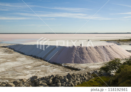 Trucks unloading raw salt bulk, Salinas Grandes de Hidalgo, La Pampa, Patagonia, Argentina. Trucks unloading raw salt bulk, Salinas Grandes de Hidalgo, La Pampa, Patagonia, Argentina. 118192981