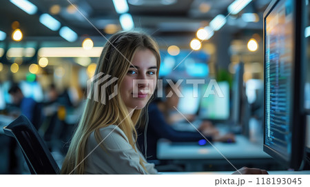 A young woman, an IT specialist, works in a modern office environment, smiling confidently as she sits at her desk with multiple computer monitors around her 118193045