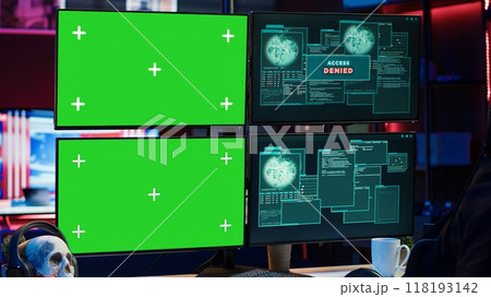 Hacker receiving access denied error message on chroma key monitors while doing corporate espionage. Scammer failing to steal information on competitor products using green screen PC, camera A Hacker receiving access denied error message on chroma key monitors while doing corporate espionage. Scammer failing to steal information on competitor products using green screen PC, camera A 118193142