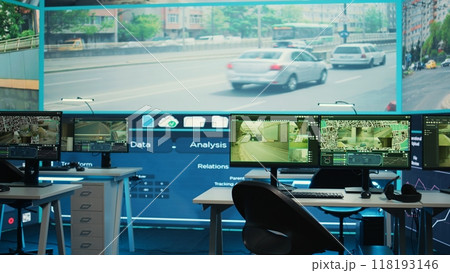 General defense offices with satellite based CCTV network uses real time surveillance images to monitor highway traffic. Administrative transmission and reconnaissance services in observation room. General defense offices with satellite based CCTV network uses real time surveillance images to monitor highway traffic. Administrative transmission and reconnaissance services in observation room. 118193146